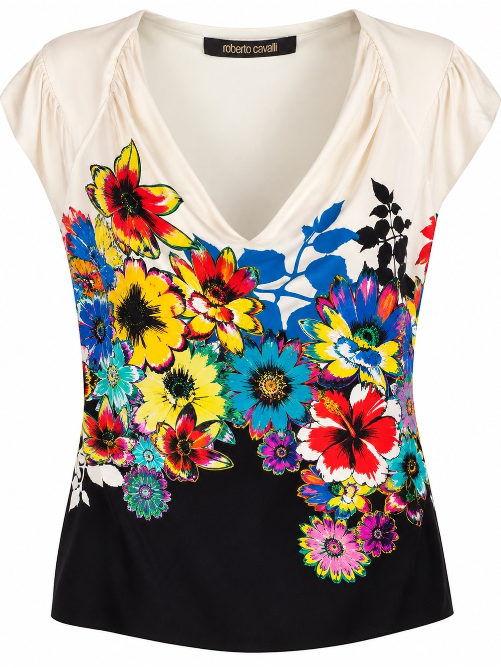 Roberto Cavalli Floral V-Neck Top IT 46 US 10 Multicolor Stretch Jersey Authenti